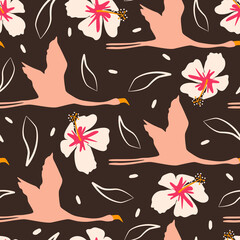 Cute colorful seamless vector pattern illustration with flying flamingos and hibiscus flowers on brown background - 563067701