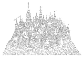 Vector cartoon fairy tale medieval Russian island castle town. Adults and children coloring book page