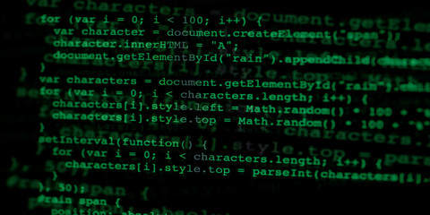 blurred background illustration of coding in action, green code against black background, power of technology