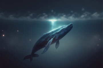 Whale with blue light flying in the night sky, digital art style, illustration painting