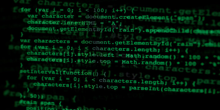 blurred background illustration of coding in action, green code against black background, power of technology