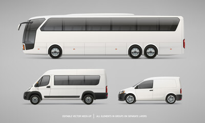 Tourist Bus, Passenger Van and Company Car vector Mockup set brand identity and Advertising design.  Side view Travel Coach Bus. Editable branding mockup set