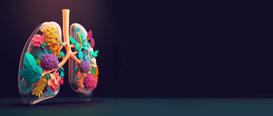 Color flowers glass shaped in human lungs with copy space on dark banner background, created with generative AI technology. World lung day or lung healthy concept.
