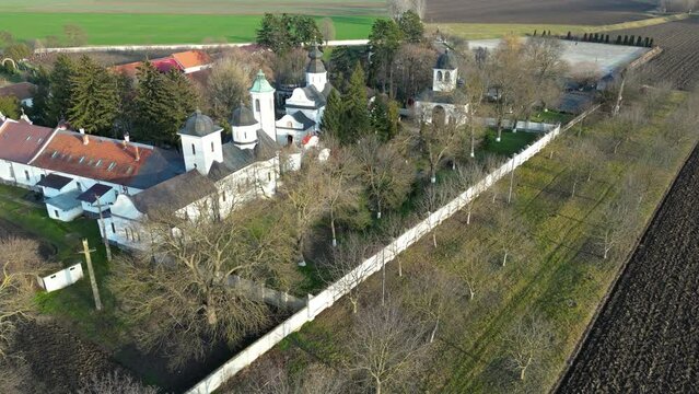 Drone flight over Hodos Bodrog Monastery in Arad County, Arad, Romania, Europe.