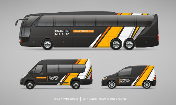 Black Coach Bus, Passenger Van and Company Car  vector Mockup set. Abstract graphic consept for Brand identity and Advertising on Passenger transport. Editable branding mockup set