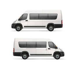 Passenger Bus Van vector template for Mockup design. White Van for Advertising and Corporate identity. Side view passenger mini bus. Realistic Passenger Car Isolated on white. Editable template
