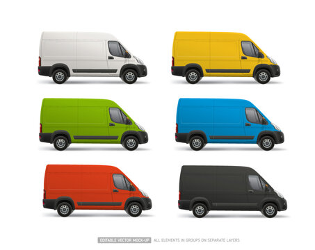Side view Delivery Van realistic vector template set. White, red, yellow Van for Branding and promo advertising design. Black and blue Cargo Van isolated on white background