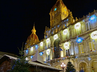 Christmas lighting on the facade of the Coruna town hall building