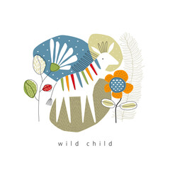 Wild child poster with stylized zebra and plants. Abstraction. African animal. Savannah. Poster for children. Postcard, invitation, cover. Can be printed on fabric.