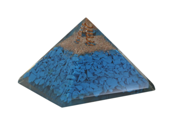 Copper spiral and clear quartz on top of blue chip stones inside Orgone pyramid transparent png file