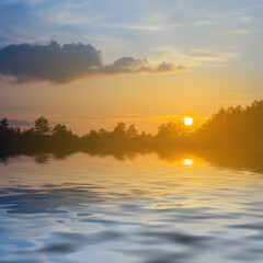 quiet lake with forest on coast at sunset