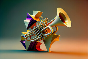 Poster o cartel con diseño musical para conciertos, festivales o eventos musicales. Diseño artístico con trompeta de jazz abstracta.Ai generado.