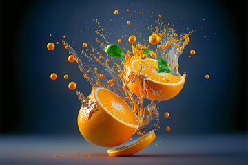 Concepto de comida y bebida sana. Diseño artístico con naranjas cortadas. Explosión de zumo y salpicadura de agua. Ai generado.