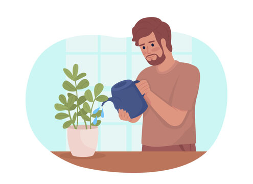 Keeping indoor house plants healthy 2D vector isolated illustration. Man watering houseplants flat character on cartoon background. Colorful editable scene for mobile, website, presentation