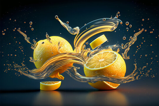Concepto de comida y bebida sana. Dise&ntilde;o art&iacute;stico con limones cortados. Explosi&oacute;n de zumo y salpicadura de agua. Ai generado.