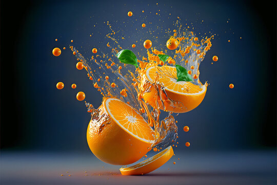 Concepto de comida y bebida sana. Dise&ntilde;o art&iacute;stico con naranjas cortadas. Explosi&oacute;n de zumo y salpicadura de agua. Ai generado.