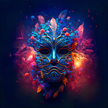 Dise&ntilde;o de carteles para eventos musicales o carnaval. Fondo colorido de m&aacute;scaras modernas ornamentadas con motivos florales y vegetaci&oacute;n. Luces de ne&oacute;n sobre fondo oscuro.