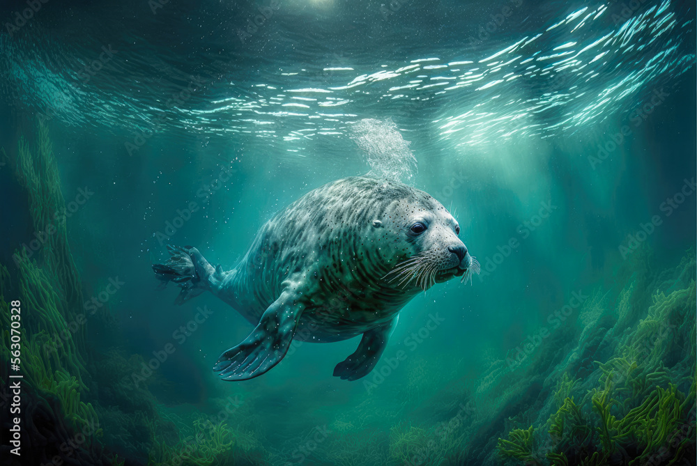 Wall mural sea lion swimming underwater - digital painting - generative ai