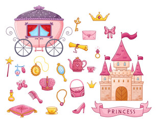 Big set of a beautiful castle, coach and design elements. Accessories for a doll in a cartoon style. Vector illustration.