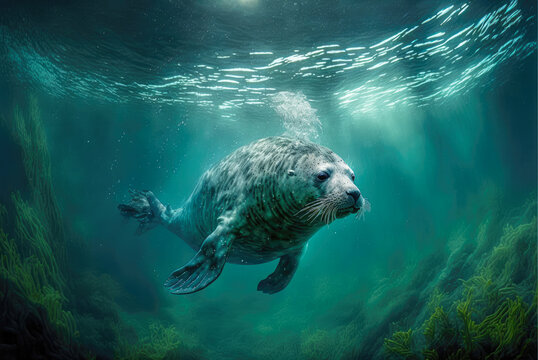 Sea Lion swimming underwater - Digital Painting - Generative AI