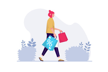 Concept Shopping with people scene in the flat cartoon style. Woman return home with many goods after a successful shopping.