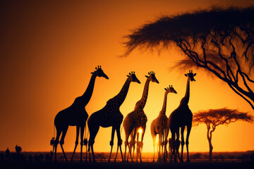 Naklejka na ściany i meble giraffes in the savanna at a sunset. Generative AI