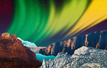 Beautiful surreal matte painting landscape Mountains in nordic mood Northern polar lights night