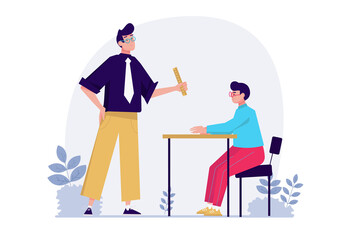 Back to school concept with people scene in the flat cartoon design. Teacher conducts the first lesson for the students after the summer vacation.