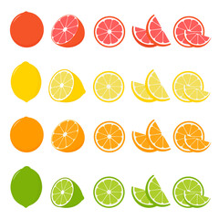 Big vector set of citrus fruits.Orange,lemon,grapefruit, and lime icons on white background