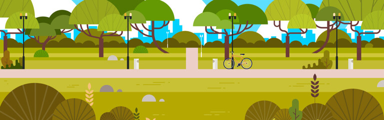 Urban park outdoor and city park beautiful day landscape horizontal banner flat vector illustration.
