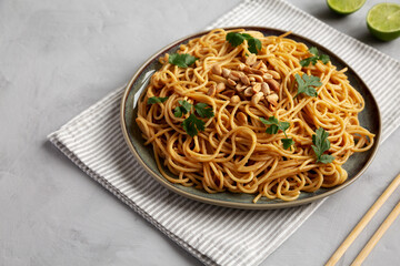 Homemade Asian Peanut Sauce Noodles on a Plate, side view. Copy space.