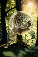 Futuristic bubble glass tree house in the forest ,made with Generative AI