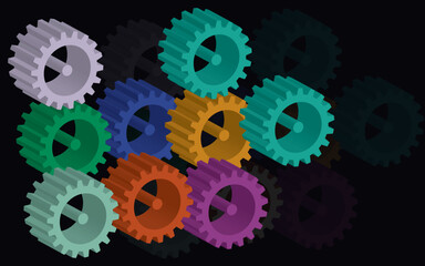 3d rendering of set of colorful gears with soft shadow on black background