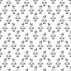 Tattoo rabbit with handcuffs pattern in the style of the 90s, 2000s. Black and white seamless pattern illustration.