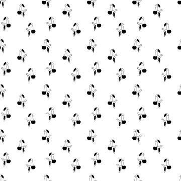 Tattoo cherry with worm pattern in the style of the 90s, 2000s. Black and white seamless pattern illustration.