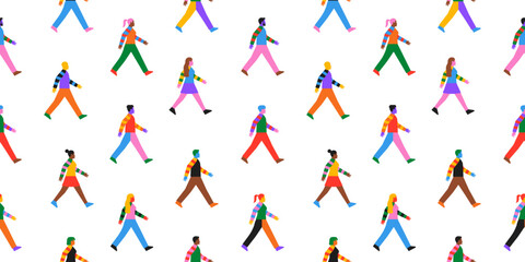Diverse colorful people group walking together seamless pattern illustration. Rainbow color character crowd background for friendship or team work concept. Different ethnic culture wallpaper texture.