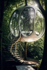 Futuristic bubble glass tree house in the forest ,made with Generative AI
