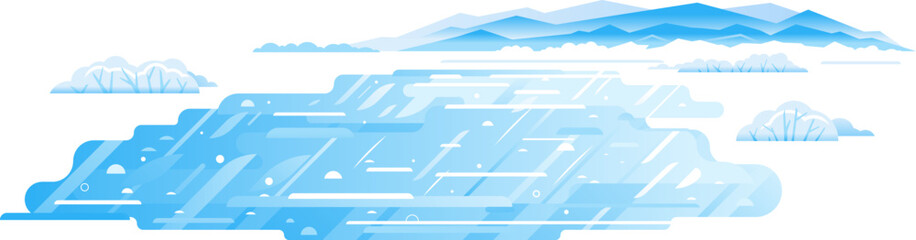 Mountain lake frozen in winter, winter landscape flat illustration in sample geometric shapes, frozen mountain lake isolated