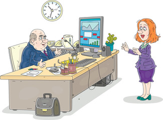 Chubby government official sitting at his work desk with very important documents and talking to his secretary in an office, vector cartoon illustration isolated on a white background