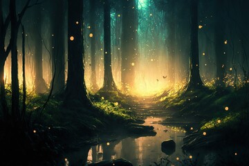 Naklejka premium Magical fantasy fairy tale scenery, night in a forest ,made with Generative AI