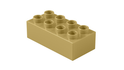 Naklejka premium Antique Gold Plastic Lego Block Isolated on a White Background. Children Toy Brick, Perspective View. Close Up View of a Game Block for Constructors. 3D illustration with a Work Path. 8K Ultra HD