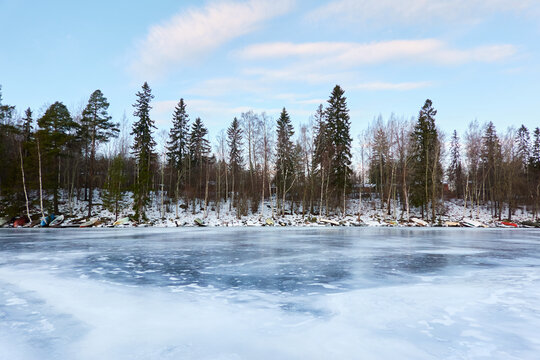 Panoramic view of the forest lake on a sunny winter day. Evergreen trees. Soft sunlight. Frozen water surface. Finland. Environment, nature, ecology, ecotourism, cold weather, climate change themes