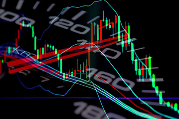 Data analyzing trading market.Speedometer with Futuristic Speed.Working set for analyzing financial statistics and analyzing a market data. Double exposure.Dark background.