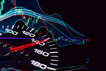 Data analyzing trading market.Speedometer with Futuristic Speed.Working set for analyzing financial statistics and analyzing a market data. Double exposure.Dark background.