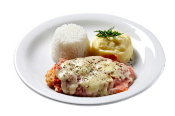 The steak parmigiana with potato and rice