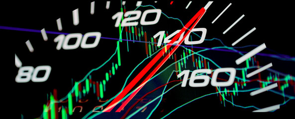 Data analyzing trading market.Speedometer with Futuristic Speed.Working set for analyzing financial statistics and analyzing a market data. Double exposure.Dark background.Banner.