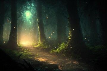 Magical fantasy fairy tale scenery, night in a forest ,made with Generative AI