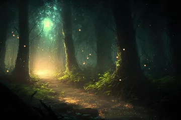 Muurstickers Magical fantasy fairy tale scenery, night in a forest ,made with Generative AI © DNY3D