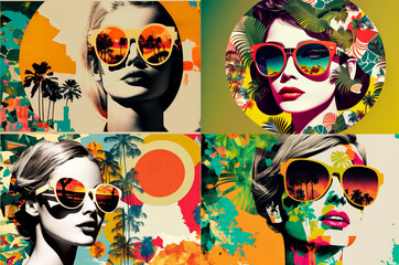Fashion woman sunglasses summer vacation. 60s retro collage background. Illustration, Generative AI