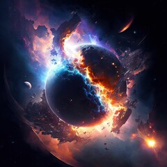 Meteor planet impact on earth, Asteroid on fire exploding in collision with planet, View from space ,made with Generative AI
